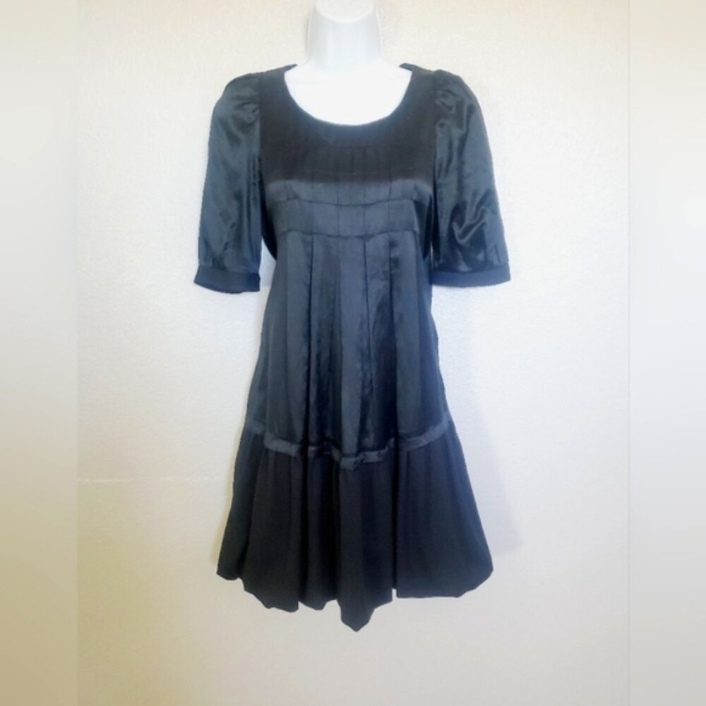 💚5/$25 SILK Blend Black Bubble Hem Mini Dress Tied Neck Size Small